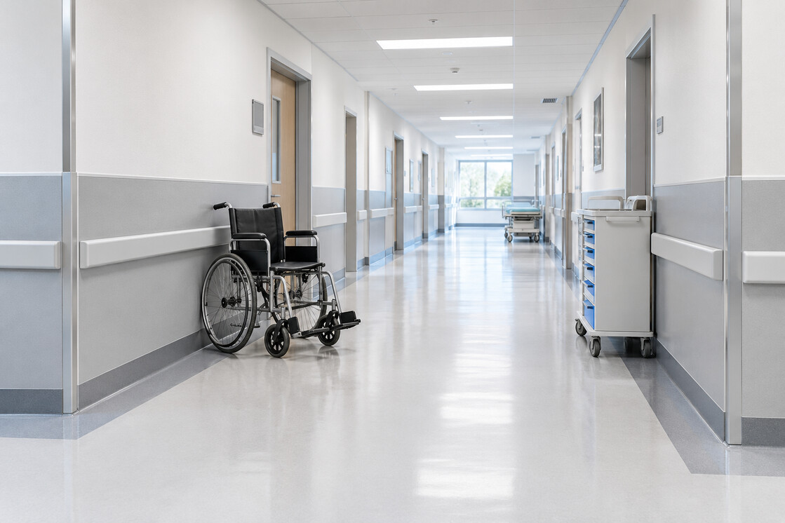 Hospital Wall Protection Panels in Healthcare Corridor